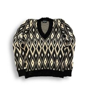Giorgio Armani V-Neck Sweater in Black and Cream Diamond Pattern